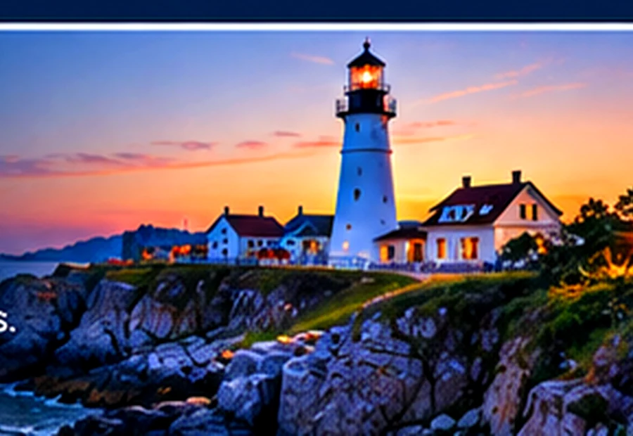 New England coastline and lighthouse at sunset