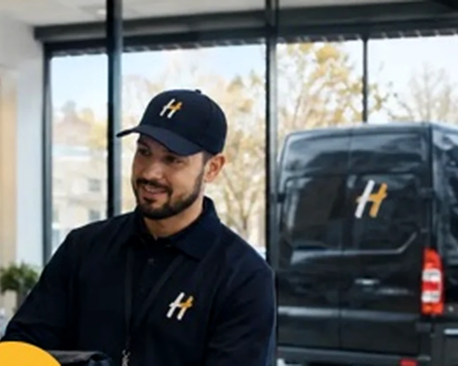Courier receiving a package during a pharmacy pickup